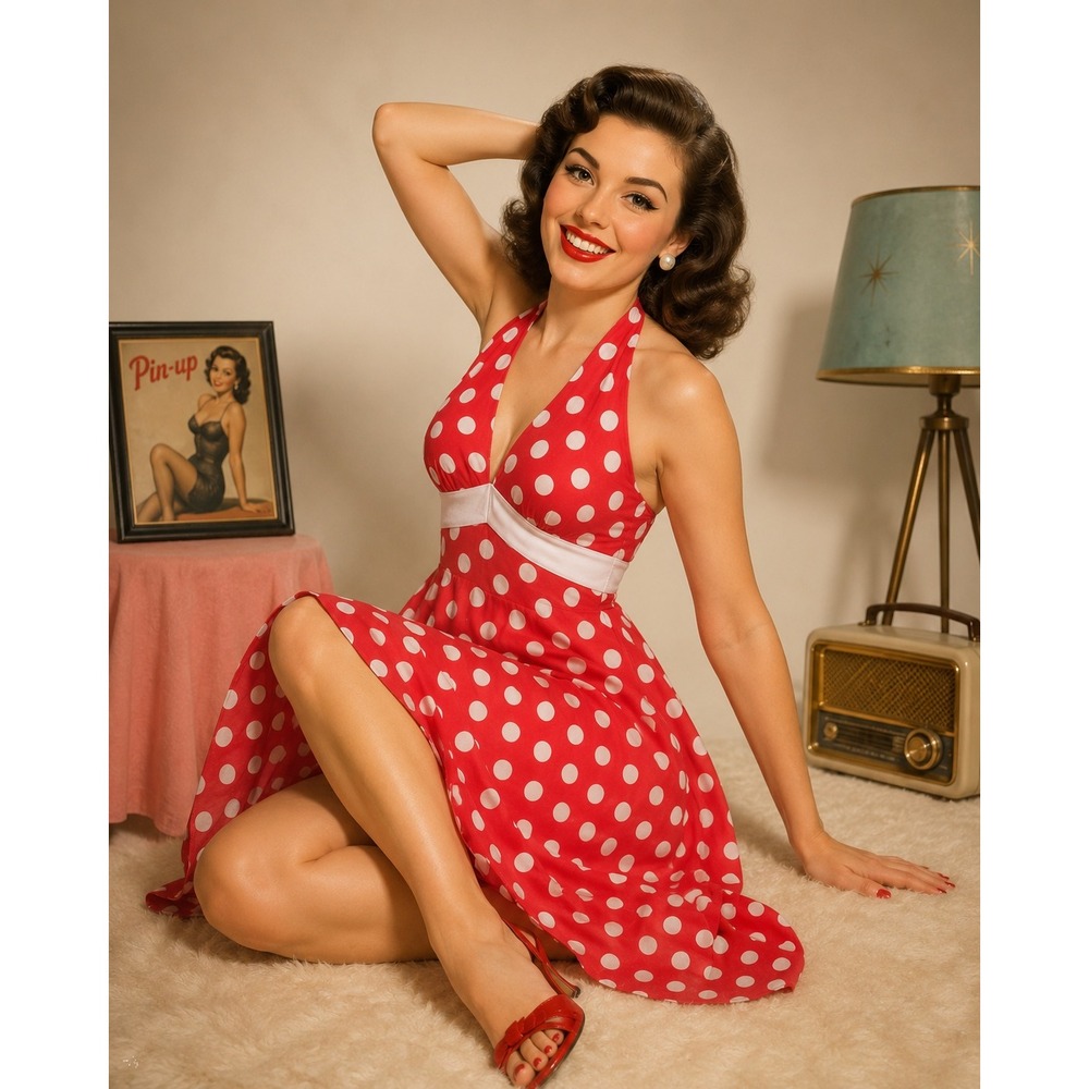 Vintage Red Polka Dot Halter Maxi Dress Pin-up Rockabilly Open Back Small